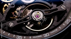 gear drive motion in skeleton watch. Mechanical watches with gears and cogs. Watch or clock mechanism. Clockwork details and parts. Inside watch, mechanical watch in macro view. Macro Shot Clock Face Stock Video