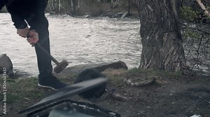 Smashing a monitor with sledge hammer. Destruction of the monitor with a hammer. The concept of destruction of technology