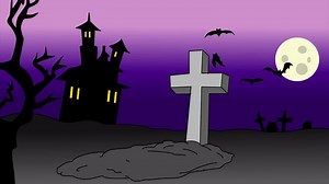 Download a cartoon graveyard with a cross and a house for free