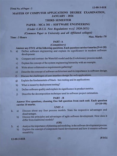 SE |MCA| |SVU| |Software Engineering | |Question paper|