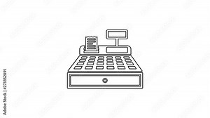 Black Cash register machine with a check line icon on white background. Cashier sign. Cashbox symbol. 4K Video motion graphic animation