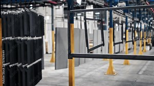 Metal frame hanging on chains in factory. Clip. Metal frame of transport is carried suspended on chains around factory. Transfer of metal structures around plant.