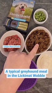 Let's prepare a typical greyhound meal using the Lickimat Wobble! 🐾 125gm Raw & Fresh Chicken Essentials 🐾 1.5 cups SavourLife Grain Free Chicken 🐾 3 Lovebites Dentashield 🐾 Veggies (today we chose peas) 🐾 2 tablespoons of Greek yoghurt The Lickimat Wobble is a fun and fuss-free slow feeder option. The unpredictable wobble action helps slow down your hound's eating, and the texture inside provides the opportunity for licking, which is a great way to engage and calm. Daisy took 17 minutes to