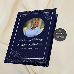 Blue & Silver Funeral Program Canva Template, Printable Obituary Brochure (digital Download) - Etsy