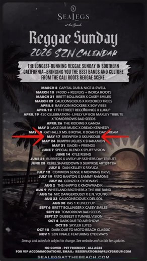 brewfish on Instagram: "🌴 We’re back on the baddest stage in all of CA! @sealegsatthebeach Reggae Sundays returns for its 10th Year and we’re rocking together with @skunkdubmusic to bring you an afternoon of SoCal Reggae Rock! Hosted by @_holysmokesbatman_ More details coming later but for now mark your calendars and checkout the full Reggae Sunday calendar.☀️"