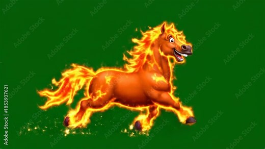 A cartoon fire horse runs energetically across a green screen background with flames engulfing its body in a dynamic and fantastical scene.