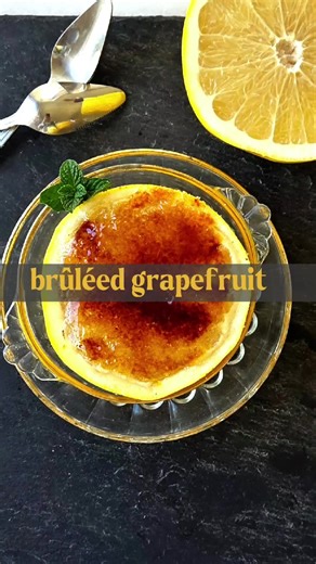 Brûléed grapefruit Serves two or as many as you like. Takes about 8-10 minutes depending on your knife skills Cut a grapefruit in half and remove any seeds. Using a sharp knife, cut around the edge of the grapefruit (separating the edible part from the white pith) and between the segments so they will release easily later Top with white sugar Brulee on a fire-proof surface or broil until the sugar turns amber colored. It will harden immediatly Serve with a spoon #cooking #brunch #grapefruit