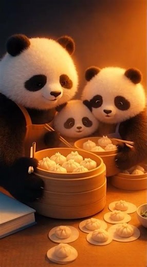 Panda family makes bamboo dim sum 🐼🥟 #cuteaianimals