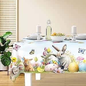 Easter Table Cloth, Easter Bunny Decorations Tablecloth 60" x 84", Happy Easter Tablecloth Rectangle Spring Floral Table Cloth Easter Fabric Holiday Tablecloth Decor for Kitchen Picnic Dinner Cover