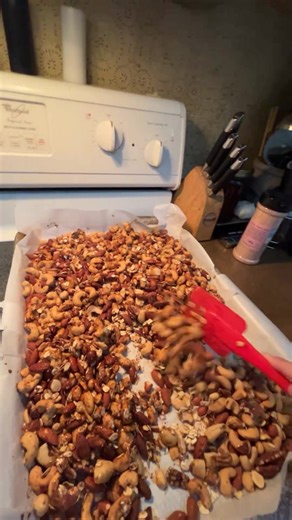 Pumpkin Spiced Nuts! Large bag of mixed nuts, spread out on parchment paper lined tray. Add handful or desired amount of oatmeal and set aside. Mix 1/4 c pure maple syrup, 1 tsp vanilla and 2 Tbsp pumpk pie spice. Bring to a boil and stir well pour over nuts stir to coat well and bake at 300 degrees for 30 min. Stir every ten min. When cooked mix in a half bag or desired amount of cherry craisins. | Family Thyme Crafts