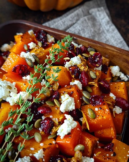 Autumn Delight: Honey-Roasted Butternut Squash with Cranberries, Feta & Pumpkin Seeds Ingredients: 1 medium butternut squash (about 2 lb / 900 g), peeled and cubed 2 tbsp (30 ml) olive oil 2 tbsp (30 g) honey ½ cup (50 g) dried cranberries ½ cup (75 g) feta cheese, crumbled ¼ cup (30 g) pumpkin seeds (pepitas), toasted 1 tsp cinnamon (2 g) Salt and pepper, to taste Optional: fresh thyme or parsley for garnish Directions: Preheat oven to 400°F (200°C). Line a baking sheet with parchment paper. To