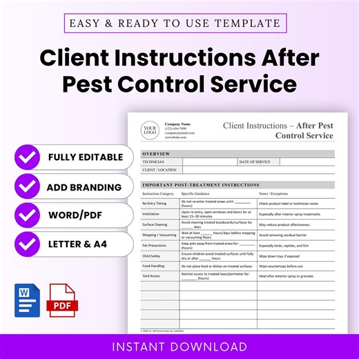 Client Instructions After Pest Control Service Template - Word & PDF, A4 + US Letter - Etsy Australia