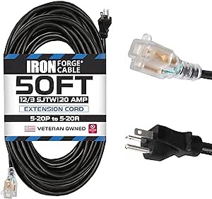 Iron Forge Cable 50 Ft Extension Cord - Nema 5-20 Extension Cord, 5-20P to 5-20R Lighted Black SJTW 12 Gauge Electric Cable, 20 Amp Heavy Duty