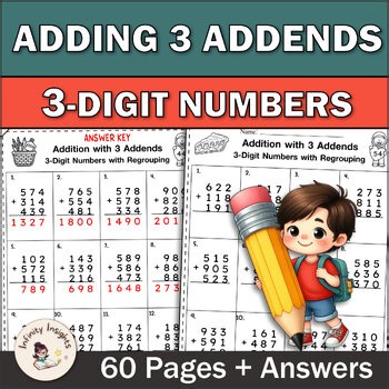 Addition with 3 Addends Worksheets – 3-Digit Numbers with Regrouping (60 Pages)