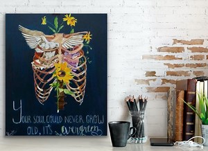 Evergreen Painting , Pigeon & Sunflowers in Anatomy Rib Cage , Acrylic on Canvas . Home Decor , Hope Painting , Surrealism Wall Art - Etsy