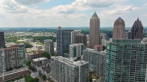 Densely High-Rise Commercial And Residential Buildings Of Midtown Atlanta, Georgia, United States. Aerial Panning Shot