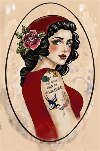 Born an Original Retro Pinup Tattoo Inspirational Drawing Portrait American Traditional NOT AI - Etsy