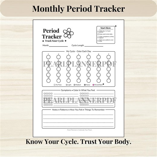 Period Tracker - PRINTABLE Monthly Cycle Log - Symptom Tracker - Flow Tracker - Color in Period Calendar - Letter   A5 PDF - Etsy