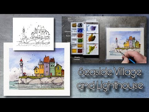 Lighthouse and Seaside village, Line and Wash Watercolor. Great for beginners, Peter Sheeler