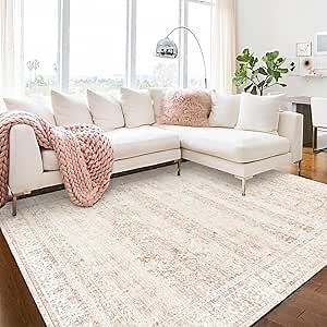 BILEEHOME Light Pink Nursery Rug for Baby Girl Neutral Blush Pink Boho Floral Pattern Carpet 5 x 8 Washable Non Slip Low Pile Soft Surface Area Rugs for Living Room Bedroom Playroom,5x8