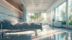 An empty, modern hospital room with medical equipment, a bed, and bright lighting, showcasing cleanliness and advanced healthcare facilities. Video 4k