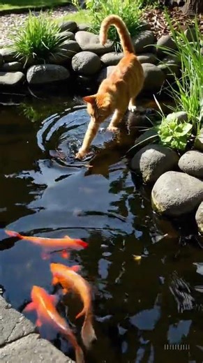 cat steals fish from pond