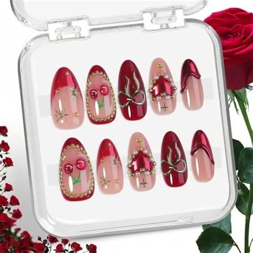 🌸 Blush Bloom 3D Floral Press-On Nails | Korean Almond Nail Set