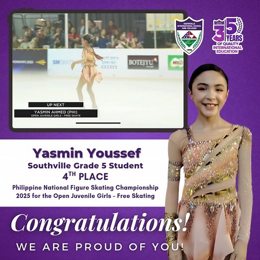 4.7K views · 46 reactions | Watch our very own Yasmin Youssef Ahmed in her graceful element as she glides through the 2025 Philippine National Figure Skating Championship! Placing 4th in the Open Juvenile Girls – Free Skating category, Yasmin shows us what heart, discipline, and Monarch pride look like on ice. We’re cheering for you, Yasmin! | Southville International School and Colleges | Facebook