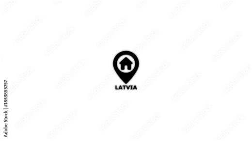 Minimalist black location pin with an embedded house symbol and the text LATVIA below, displayed on a stark white background, signifying a geographic marker for Latvia. Keywords: location