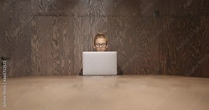 Woman working with laptop in big wooden hall, table with device and young student using technology. Working in a big vintage room in university
