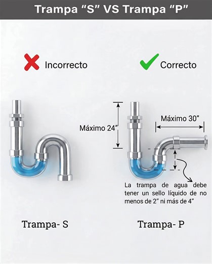 a technical plumbing diagram illustrating the difference between an S-trap (incorrect) and a P-trap (correct). It uses a mix of visual representations and Spanish text to explain plumbing standards for drainage systems. VISUAL ELEMENTS AND LAYOUT The image is split into two primary sections, contrasting a faulty design with a modern, code-compliant design. 1. LEFT SIDE: TRAMPA "S" (S-TRAP) • Status: Marked with a red "X" and labeled "Incorrecto" (Incorrect). • Design: The pipe curves down, then 