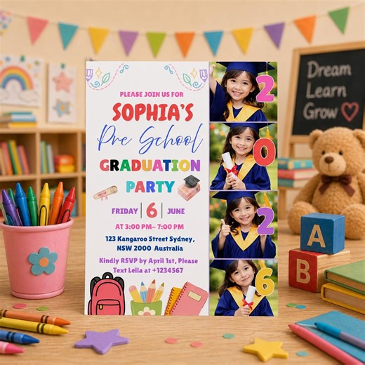 Pre K Graduation Invitation With Photo, Kindergarten Graduation Invite, Class of 2026 Preschool Grad Party Editable Canva Printable Template - Etsy