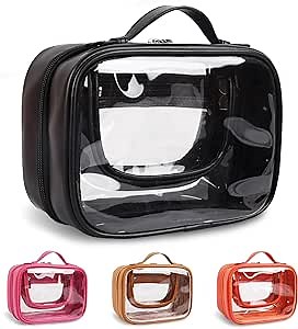 Travel Clear Toiletry Bag Makeup Bag Cosmetic Bag, TSA Approved Cosmetics Case Toiletry Bag with Handle, Zipper Makeup Handbag Waterproof Large Capacity Storage Organizer for Women Girls(Black)