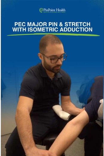 This “pin & stretch” targets the pectoralis major, which can get tight or overactive with lots of pressing, desk posture, or protective guarding after shoulder pain. Holding the position for 1–2 minutes can help reduce local sensitivity and improve shoulder comfort—often making it easier to move into positions like abduction/external rotation and overhead reaching without feeling restricted in the front of the shoulder/chest. Right after the stretch, we add isometric adduction (10s on / 10s off 