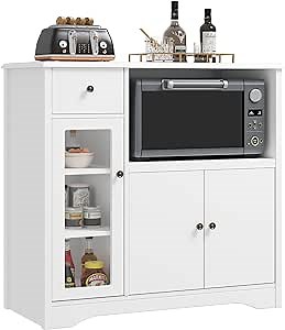 HORSTORS Microwave Cabinet, Kitchen Storage Cabinet with 3 Doors and 1 Drawer, Buffet Sideboard with Adjustable Shelves, Microwave Stand for Kitchen, Dining Room, White