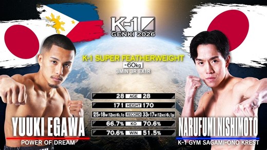 K-1 2026 - 4.11 - 第1試合 K-1スーパー・フェザー級 江川 優生 vs 西元 也史 (格闘) | 無料動画・見逃し配信を見るなら | ABEMA