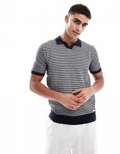 Threadbare - Marineblå/beige strikket polo med tekstur i bomuldsrigt stof | ASOS