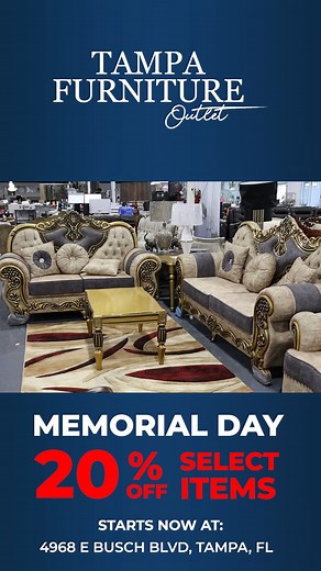 131 reactions · 34 shares | Shop Tampa Furniture Outlet's Memorial Day MEGA Sale & get 20% off select items . Shop online at bit.ly/3VLyKFV or visit our showroom located at:  4968 E Busch Blvd, Tampa, FL 33617  (813) 280-9613 | Tampa Furniture Outlet | Facebook