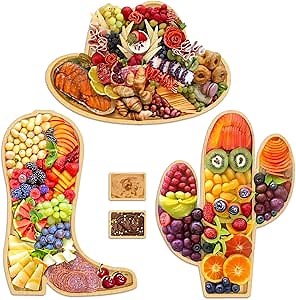 5 Pcs Charcuterie Boards with Dipping Saucers, Wooden Cowboy Hat Serving Platter Cowgirl Boot Cheese Board Cactus Food Tray, Bamboo Plates for Western Cowboy Cowgirl Birthday Party Decorations