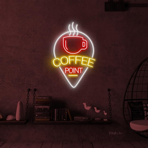 Coffee Point Flaming Cup LED Neon Sign, Shop Cafe Logo Wall Decor