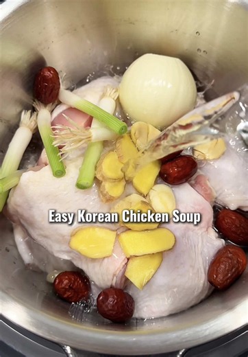 Easy Korean Chicken Soup [Instant Pot Method] Chicken thighs, 4 lbs 1 onion 6 white parts green onions 6 garlic cloves 6 slices ginger 8 jujubes 9 cups water Salt and pepper Soy sauce 3 green onions, chopped 1. Add chicken, onion, green onions, garlic, ginger, jujubes, and water to the Instant Pot. 2. Pressure cook on High 25 mins. Natural release 15 mins, then quick release. 3. Remove chicken, debone, and shred. 4. Strain broth. Return chicken to broth. Season with salt, pepper, and soy sauce. 