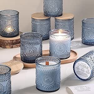 DARJEN 10 Pack Blue Candle Jars for Making Candles- 7.5 OZ Empty Glass Candle Making Jars with Bamboo Lids and Labels, Candle Making Supplies Candle Containers for DIY Gifts
