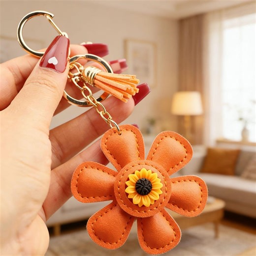 Handmade Sunflower Keychain | Leather Flower Bag Charm - Etsy