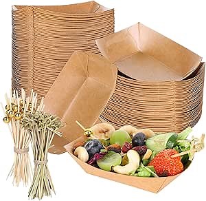 Whaline 100Pcs 1/2 lb Disposable Kraft Food Paper Trays Brown Small Charcuterie Trays with Sticks Mini Take Out Food Serving Boats for Wedding Party Snacks French Fries Nachos Tacos BBQ