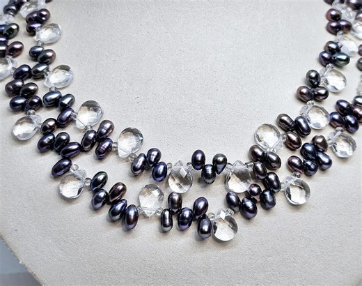 Peacock Black Natural Pearls and Rock Crystals Two Strands Necklace; Black Pearl Jewelry - Etsy Australia