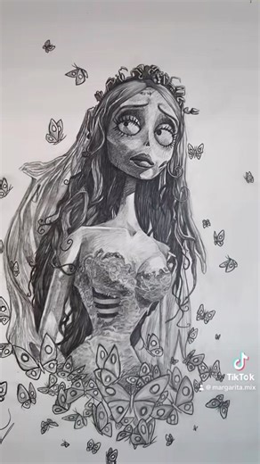 Margot Shepherd | Artist on Instagram: "🦋Quick drawing of Emily, the Corpse Bride 🦋drawn using graphite pencil I drew this a few days ago while I was watching The Corpse Bride ✨ another one of my favorite movies. This was a quick drawing but I had to take a break before I finished it & the sun went down so I decided to wait till the next day to take a picture & video of it finished so I could get that natural lighting ☀️ I’m honestly proud of how the video turned out considering I took it in t