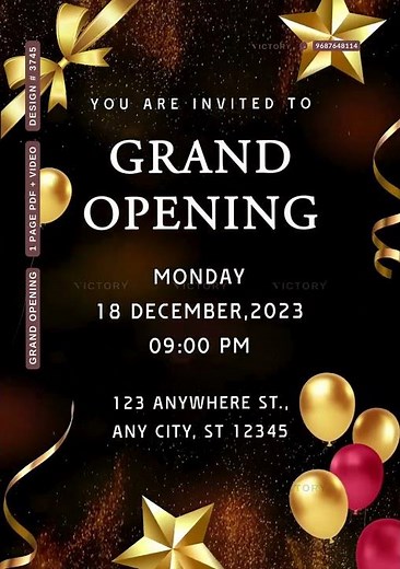 Opening invitation card in english language with ribin, balloon as minimalistic theme design 3745