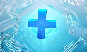 A sleek blue plus sign floats in a digital space with glowing edges. Circuit lines emphasize the symbol’s connection to health and technology