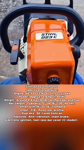 Stihl 023 C Chainsaws Specifications Engine: 😍😍😎😎 Engine: 40.2 cc (2.45 cu. in.) 2-stroke Power: Approx. 2.6 hp (1.9 kW) Weight: Around 4.6 kg (10 lbs) without bar and fuel Bar Length: Typically 12" to 16" (30-40 cm), often with 14" or 16" standard Chain: 3/8" Picco low-profile Fuel Mix: 50:1 with Stihl oil Features: Anti-vibration, chain brake, electronic ignition, tool-less bar cover (C-model). #fblifestyle #husqvarna #engine #chainsaw #stihl #motosierras #motorfúrész #kettensäge #tronçonn