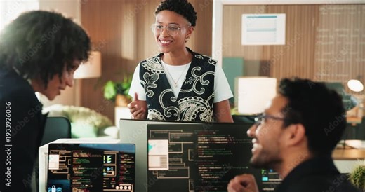Coding, speaking or people with computer screen in office, framework script or debug test for maintenance. Talking, review algorithm or programmer team with software upgrade planning, smile or pc